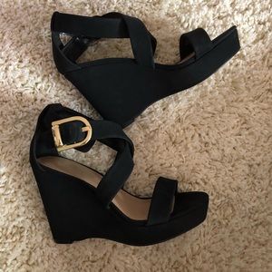 BCBG black wedge heels